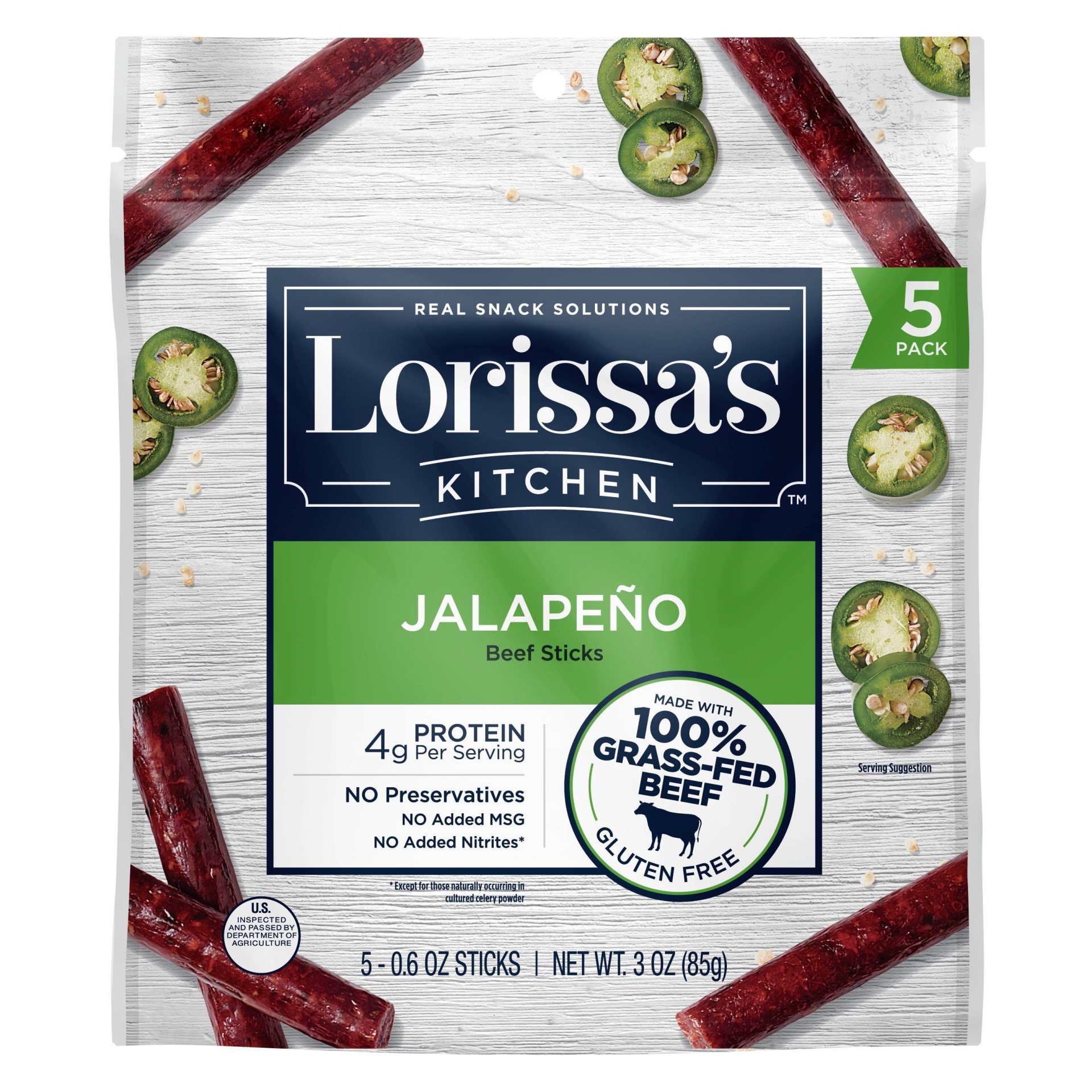 slide 1 of 2, Lorissa's Kitchen 100% Grass Fed Jalepeno Beef Stick, 3 oz, 5 ct