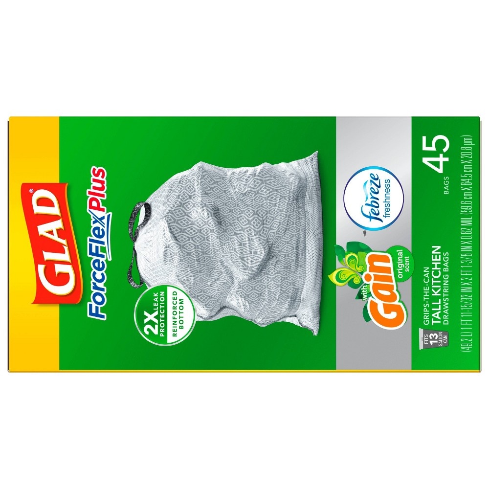 slide 4 of 4, Glad ForceFlexPlus + Tall Kitchen Drawstring Gray Trash Bags - Gain Original with Febreze Freshness, 13 gal, 45 ct