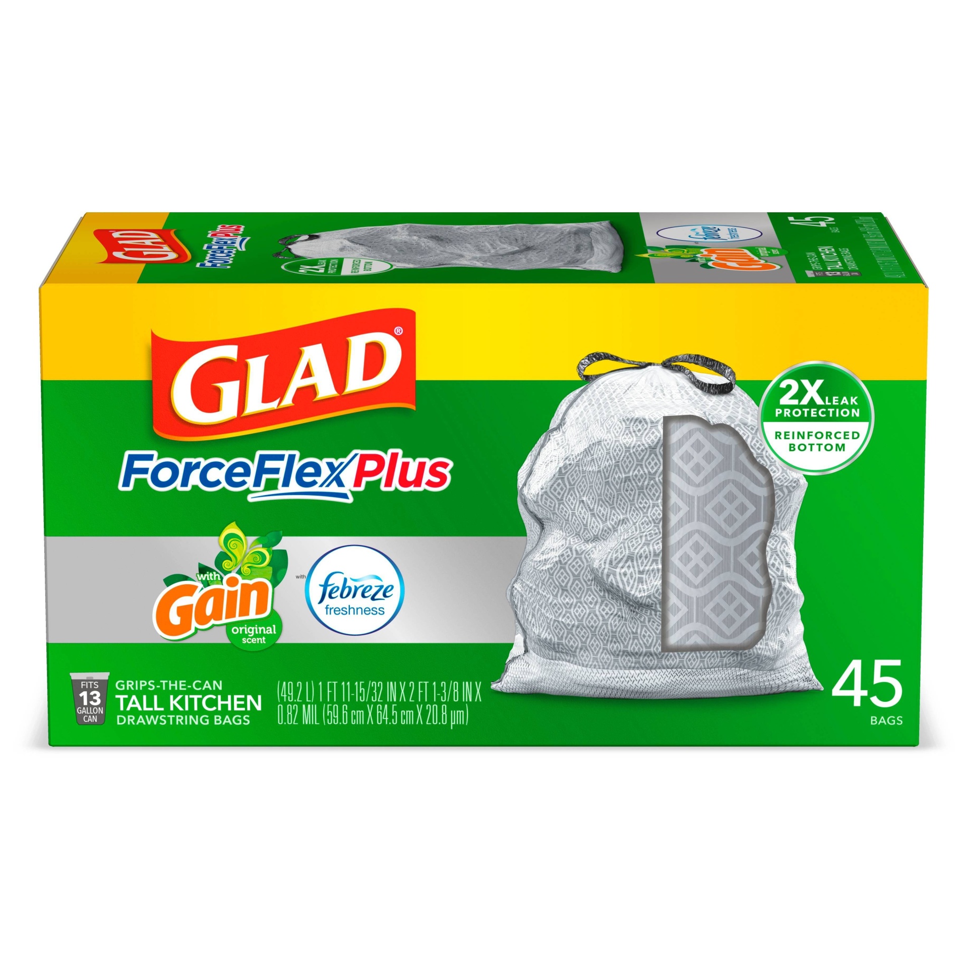 slide 1 of 4, Glad ForceFlexPlus + Tall Kitchen Drawstring Gray Trash Bags - Gain Original with Febreze Freshness, 13 gal, 45 ct