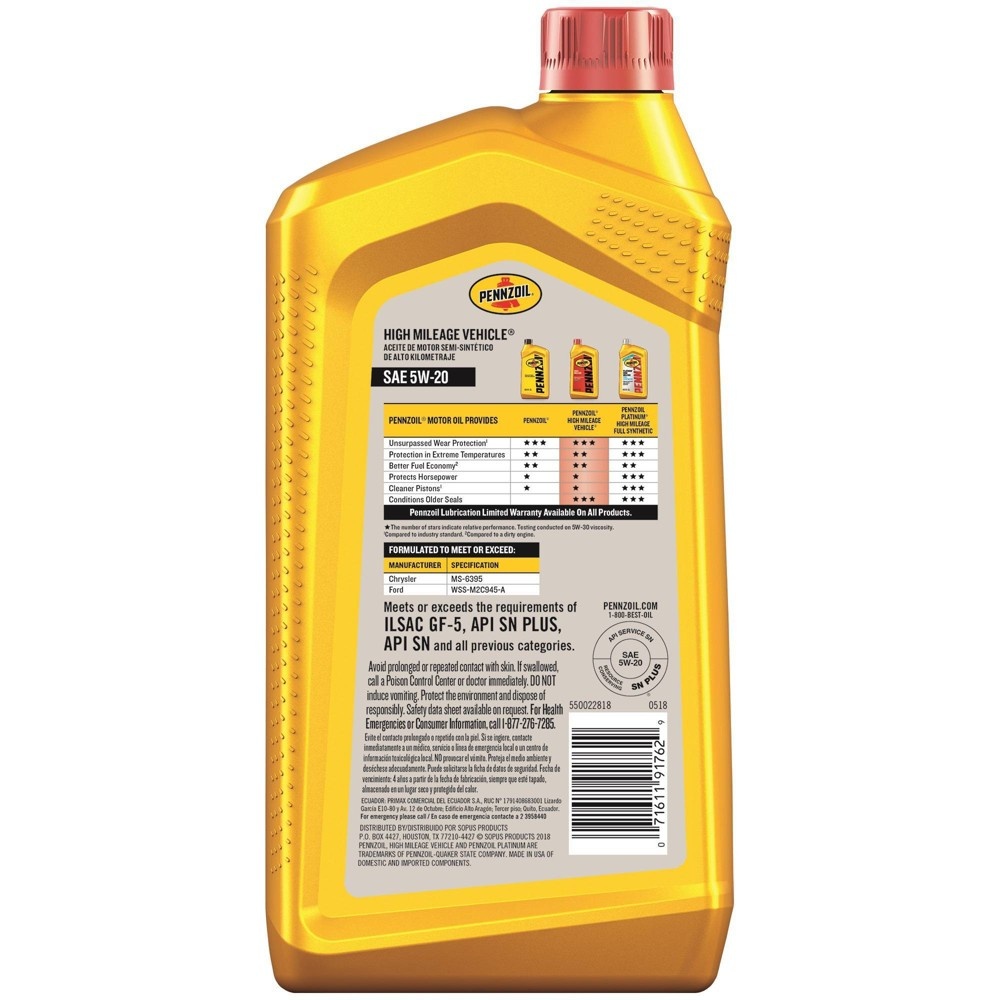 Pennzoil High Mileage 5W20 Motor Oil 1 qt Shipt