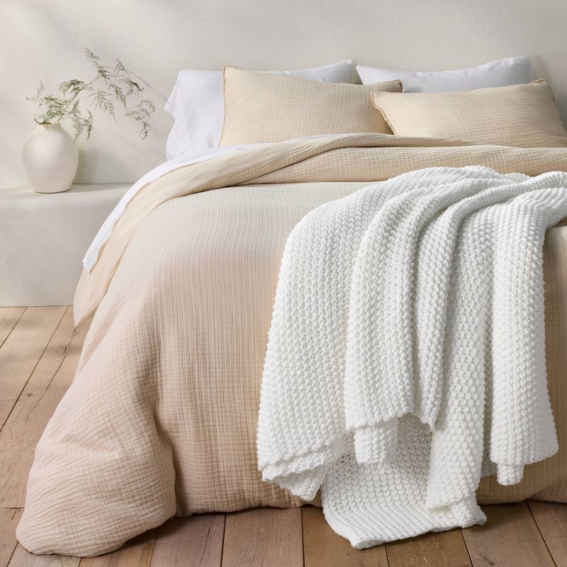 slide 4 of 6, Full/Queen Chunky Knit Bed Blanket White - Casaluna™: Acrylic Sweater Knit, Machine Washable, No Style Assigned, 1 ct