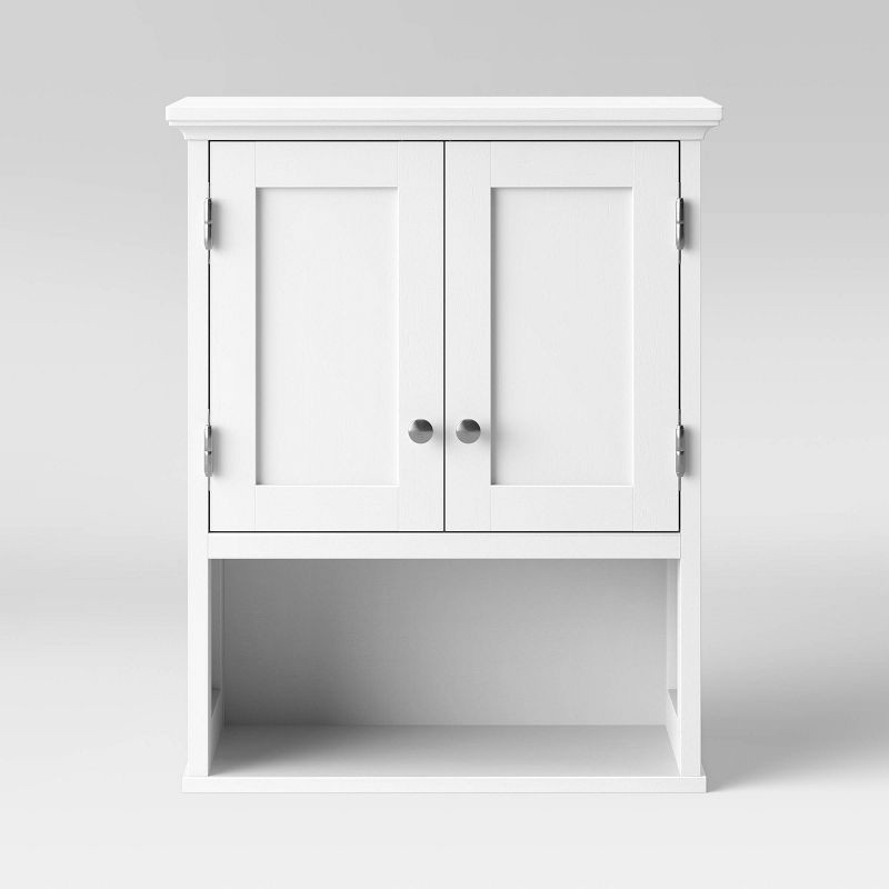 slide 3 of 3, Wood Wall Cabinet White - Threshold™: MDF Floating Shelf, Over Toilet Storage, 2 Shelves, 1 ct