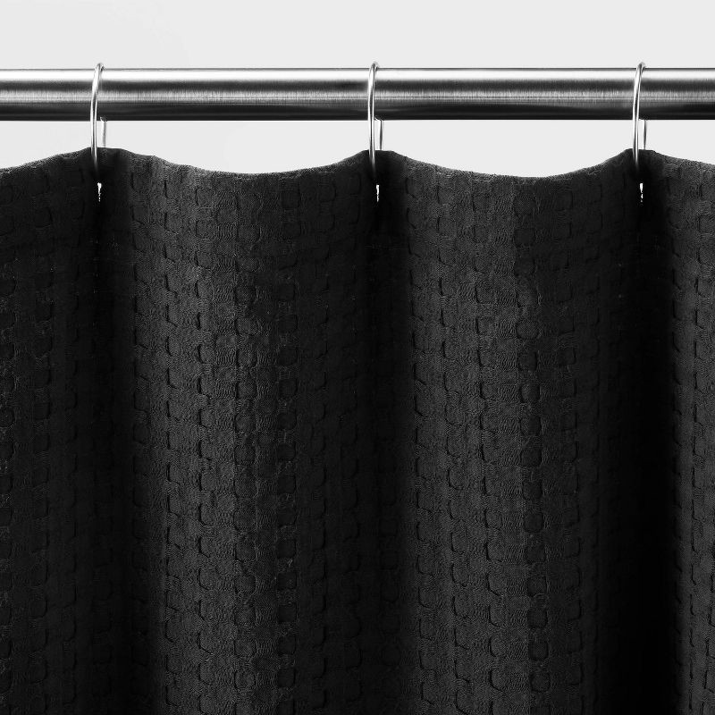 slide 2 of 4, Waffle Shower Curtain Washed Black - Casaluna™: Cotton & Polyester, Machine Washable, Buttonhole Top, 1 ct