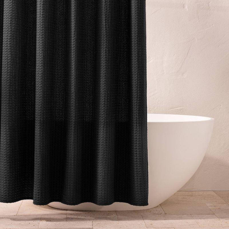 slide 1 of 4, Waffle Shower Curtain Washed Black - Casaluna™: Cotton & Polyester, Machine Washable, Buttonhole Top, 1 ct