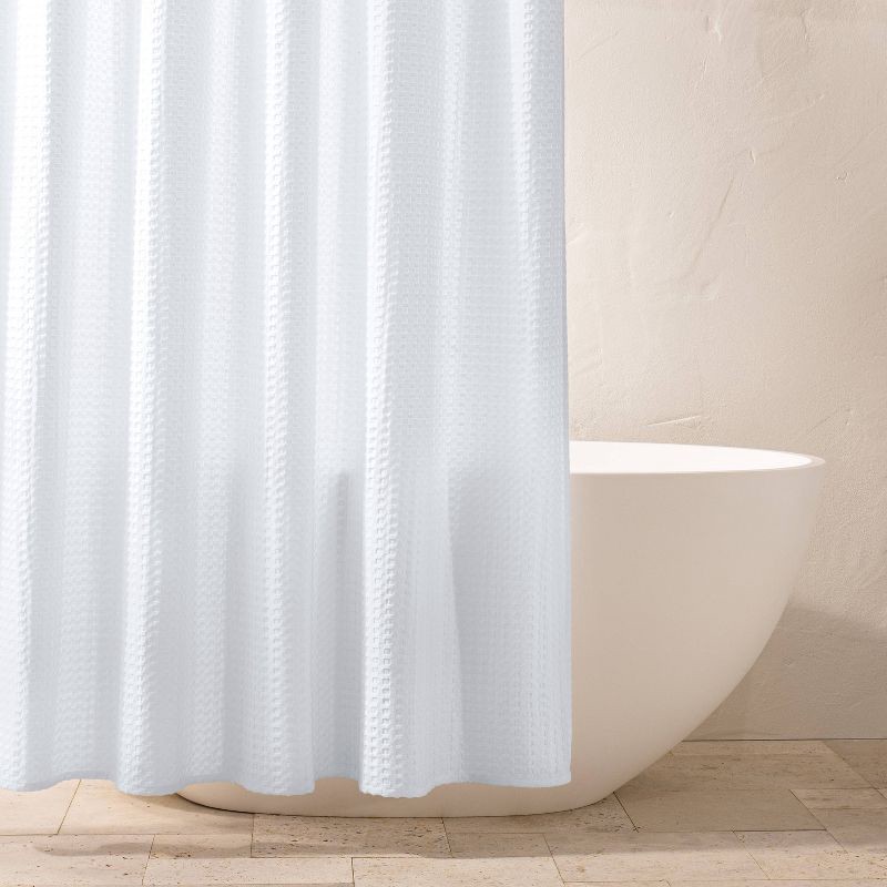 slide 1 of 4, Waffle Shower Curtain White - Casaluna™: Cotton Blend, Machine Washable, Buttonhole Top, OEKO-TEX Certified, 1 ct