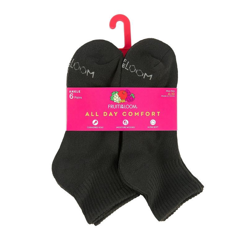 slide 3 of 6, Fruit of the Loom Women's Cushioned 6pk Ankle Socks - Black 4-10: Moisture Wicking, 4-Way Stretch, 6 ct