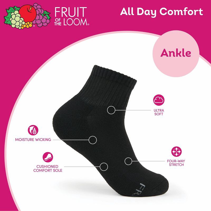 slide 5 of 6, Fruit of the Loom Women's Cushioned 6pk Ankle Socks - Black 4-10: Moisture Wicking, 4-Way Stretch, 6 ct