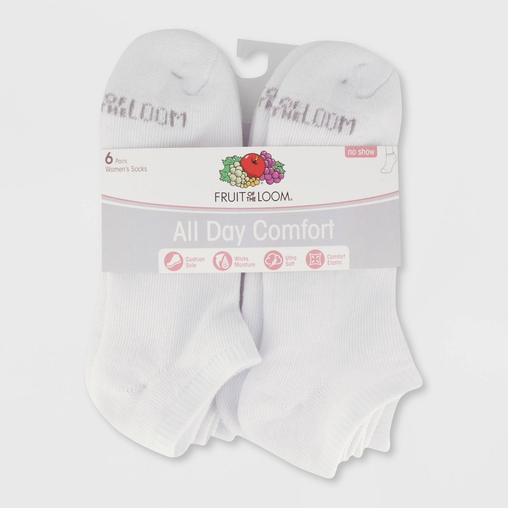 slide 3 of 3, Fruit of the Loom Women's Cushioned 6pk No Show Athletic Socks - White 4-10, 6 ct