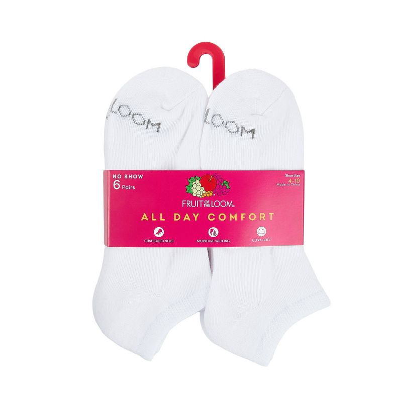 slide 3 of 4, Fruit of the Loom Women's Cushioned 6pk No Show Socks - White 4-10: Moisture Wicking, Ventilating Mesh, 4-Way Stretch, 6 ct