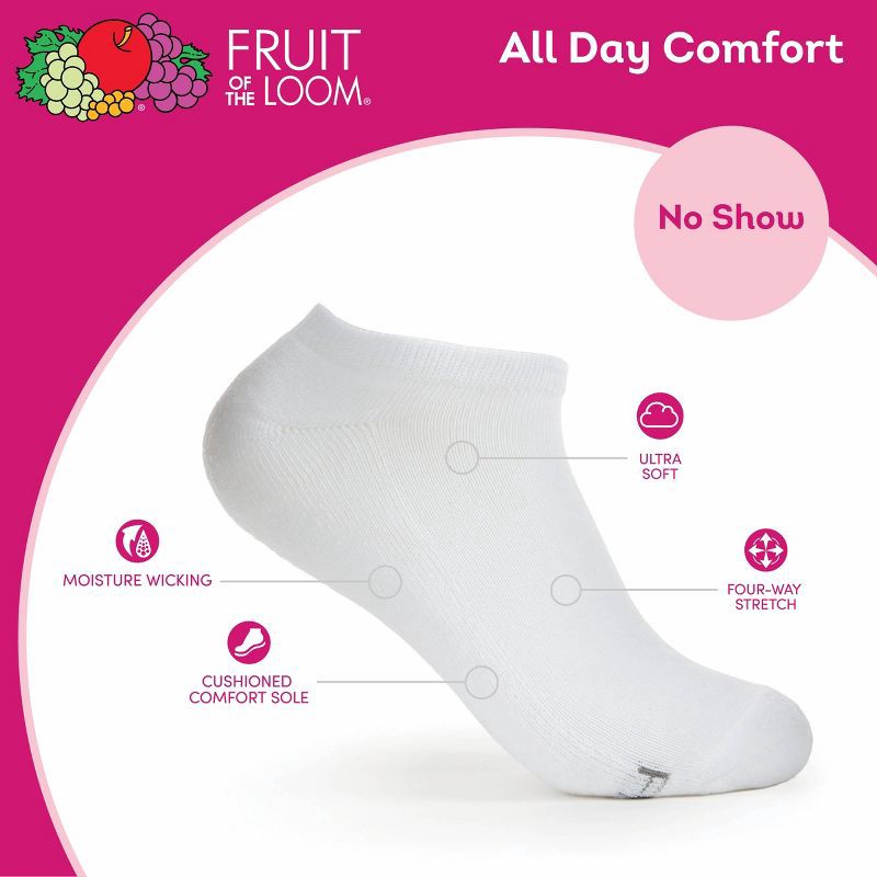 slide 5 of 6, Fruit of the Loom Women's Cushioned 6pk No Show Socks - White 4-10: Moisture Wicking, Ventilating Mesh, 4-Way Stretch, 6 ct