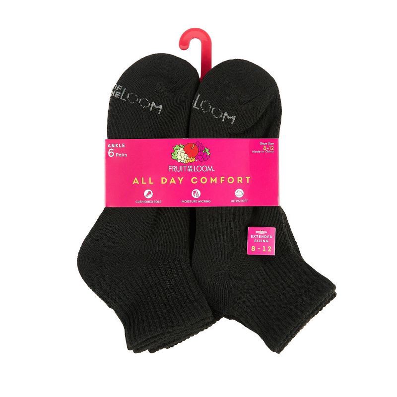 slide 3 of 4, Fruit of the Loom Women's Extended Size Cushioned 6pk Ankle Socks - Black 8-12: Moisture Wicking, 4-Way Stretch, 6 ct