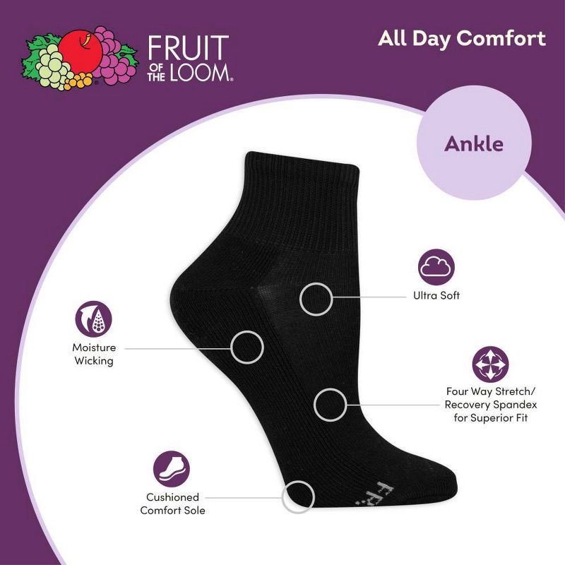 slide 4 of 4, Fruit of the Loom Women's Extended Size Cushioned 6pk Ankle Socks - Black 8-12: Moisture Wicking, 4-Way Stretch, 6 ct