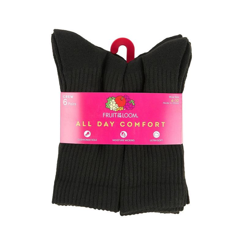 slide 3 of 4, Fruit of the Loom Women's Cushioned 6pk Crew Socks - Black 4-10: Moisture Wicking, Ventilating Mesh, 6 ct