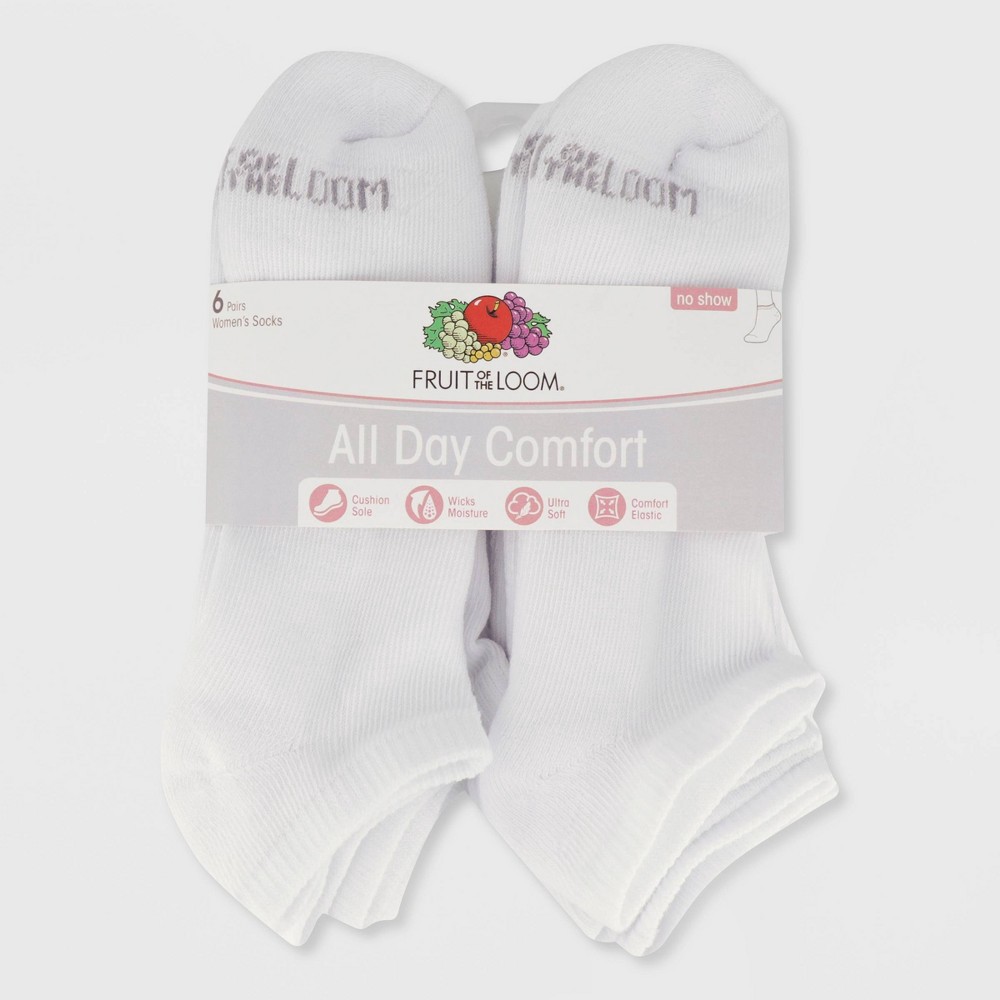 slide 3 of 3, Fruit of the Loom Women's Extended Size Cushioned 6pk No Show Athletic Socks - White 8-12, 6 ct
