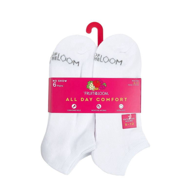 slide 3 of 6, Fruit of the Loom Women's Extended Size Cushioned 6pk No Show Socks - White 8-12: Moisture Wicking, 4-Way Stretch, 6 ct