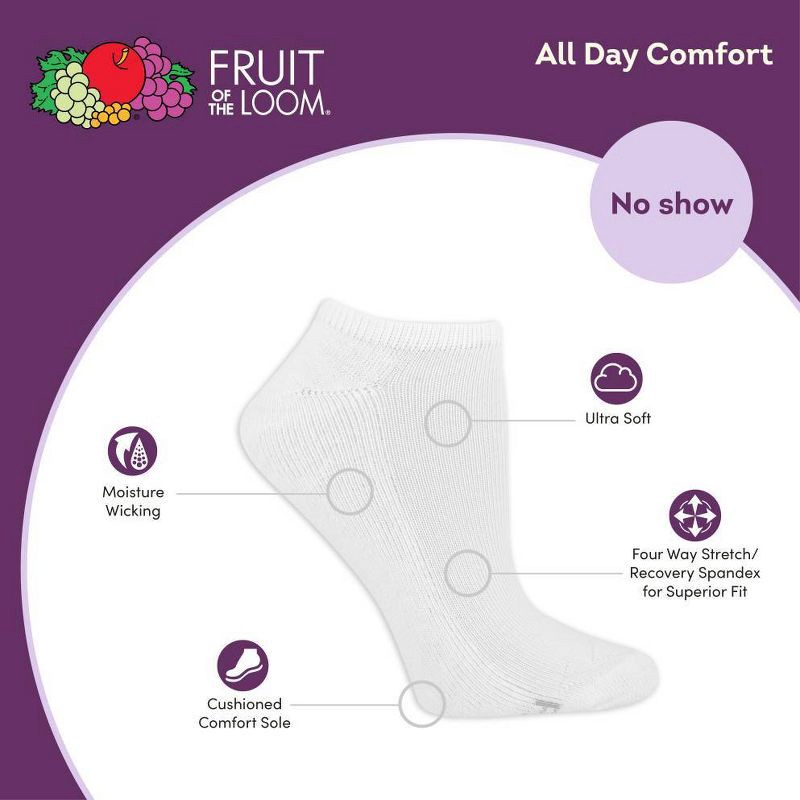 slide 4 of 6, Fruit of the Loom Women's Extended Size Cushioned 6pk No Show Socks - White 8-12: Moisture Wicking, 4-Way Stretch, 6 ct