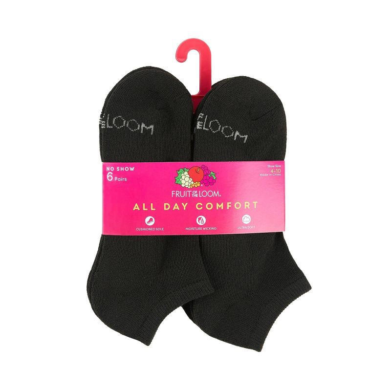 slide 3 of 4, Fruit of the Loom Women's Cushioned 6pk No Show Athletic Socks - Black 4-10: Moisture Wicking, Ventilating Mesh, 4-Way Stretch, 6 ct