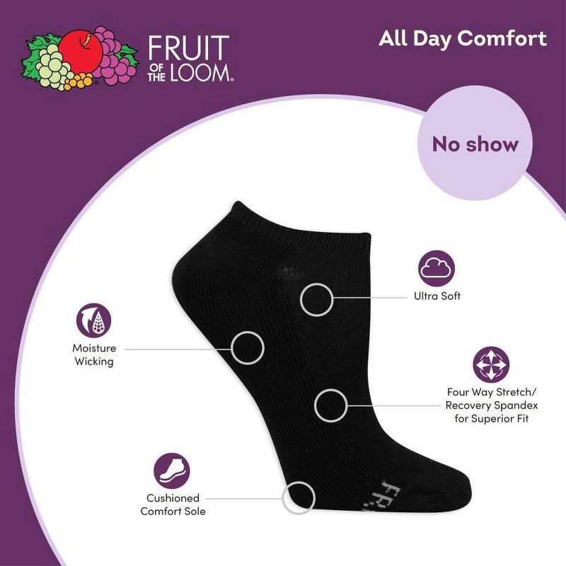 slide 4 of 4, Fruit of the Loom Women's Cushioned 6pk No Show Athletic Socks - Black 4-10: Moisture Wicking, Ventilating Mesh, 4-Way Stretch, 6 ct