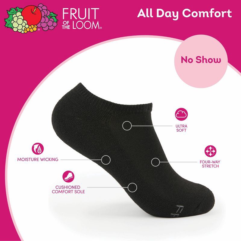 slide 5 of 6, Fruit of the Loom Women's Cushioned 6pk No Show Athletic Socks - Black 4-10: Moisture Wicking, Ventilating Mesh, 4-Way Stretch, 6 ct
