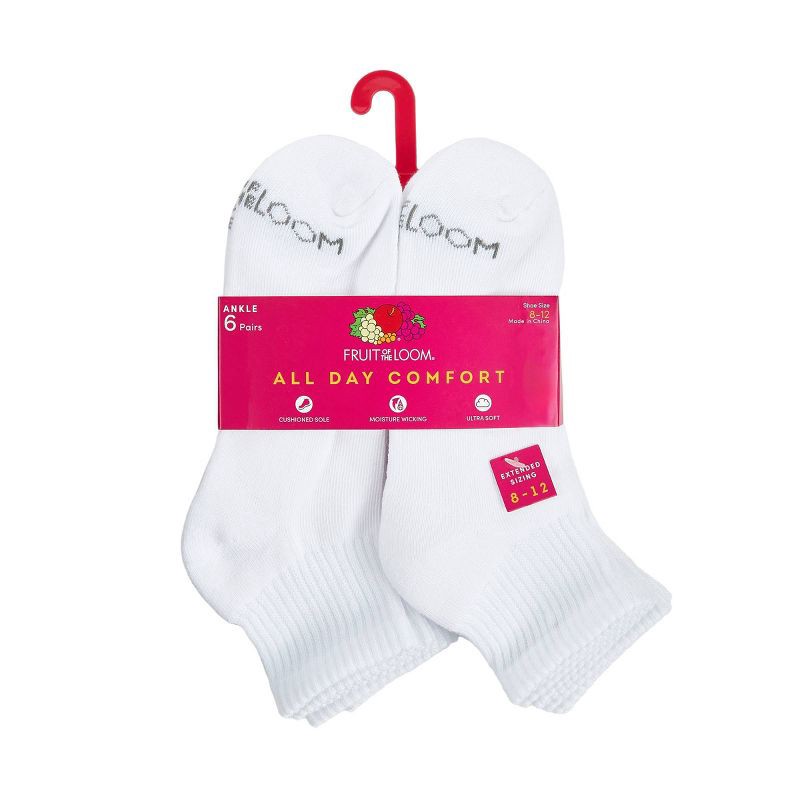 slide 3 of 6, Fruit of the Loom Women's Extended Size Cushioned 6pk Ankle Socks - White 8-12: Moisture Wicking, 4-Way Stretch, 6 ct