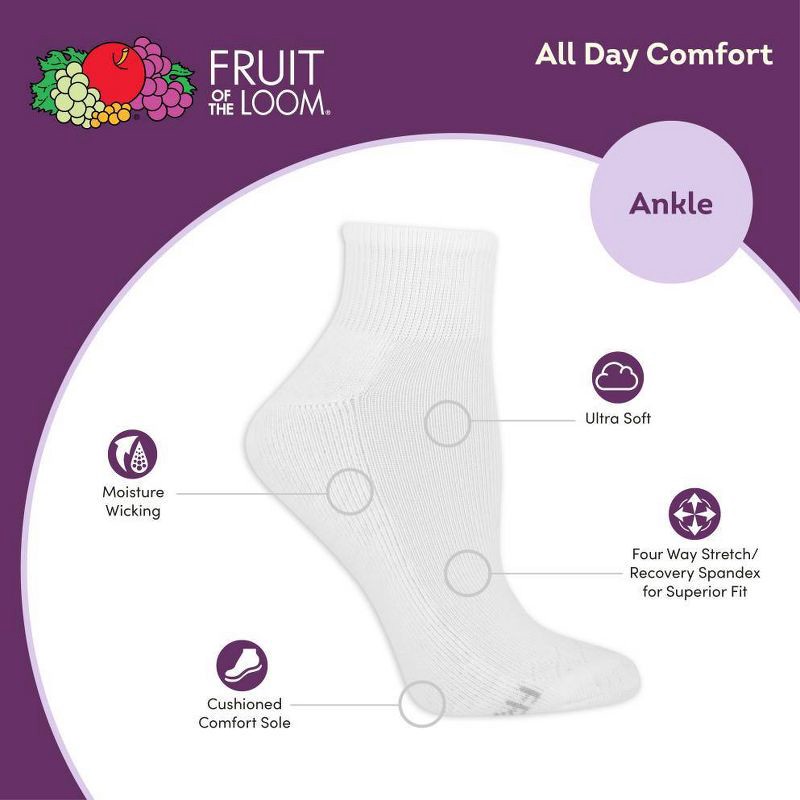 slide 4 of 6, Fruit of the Loom Women's Extended Size Cushioned 6pk Ankle Socks - White 8-12: Moisture Wicking, 4-Way Stretch, 6 ct