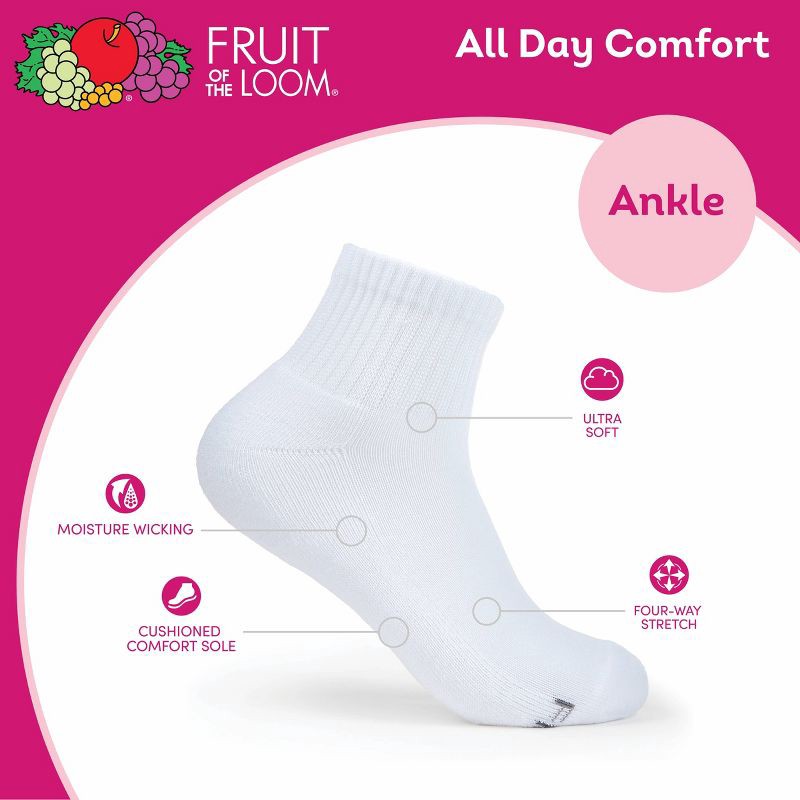 slide 5 of 6, Fruit of the Loom Women's Extended Size Cushioned 6pk Ankle Socks - White 8-12: Moisture Wicking, 4-Way Stretch, 6 ct