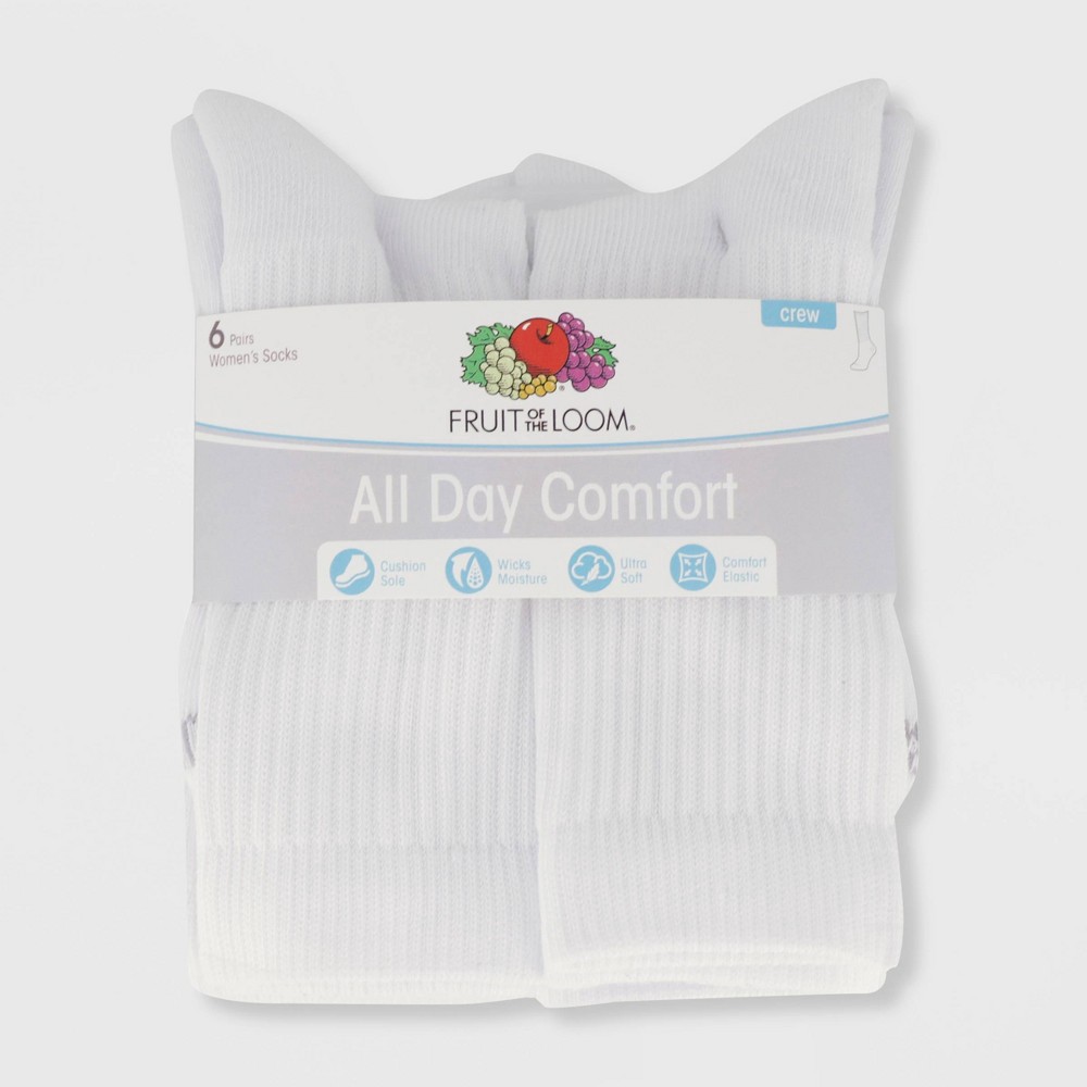 slide 3 of 3, Fruit of the Loom Women's Cushioned 6pk Crew Athletic Socks - White 4-10, 6 ct