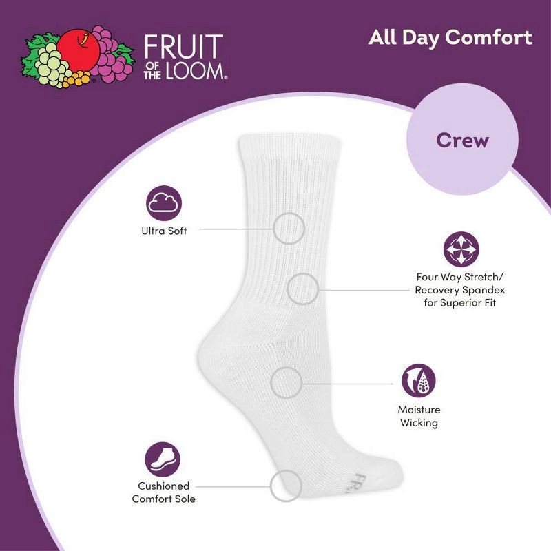 slide 4 of 4, Fruit of the Loom Women's Cushioned 6pk Crew Socks - White 4-10: Moisture Wicking, Ventilating Mesh, 4-Way Stretch, 6 ct