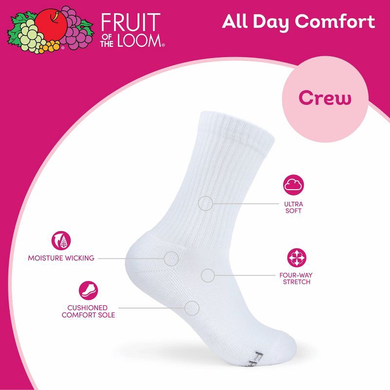 slide 5 of 6, Fruit of the Loom Women's Cushioned 6pk Crew Socks - White 4-10: Moisture Wicking, Ventilating Mesh, 4-Way Stretch, 6 ct