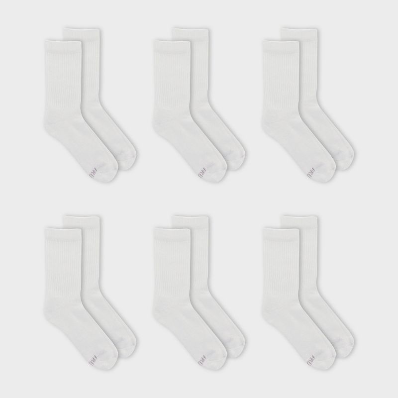 slide 1 of 4, Fruit of the Loom Women's Cushioned 6pk Crew Socks - White 4-10: Moisture Wicking, Ventilating Mesh, 4-Way Stretch, 6 ct