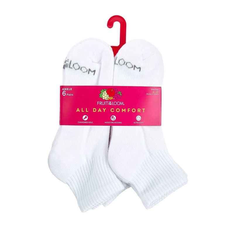 slide 3 of 6, Fruit of the Loom Women's Cushioned 6pk Ankle Socks - White 4-10: Moisture Wicking, 4-Way Stretch, 6 ct