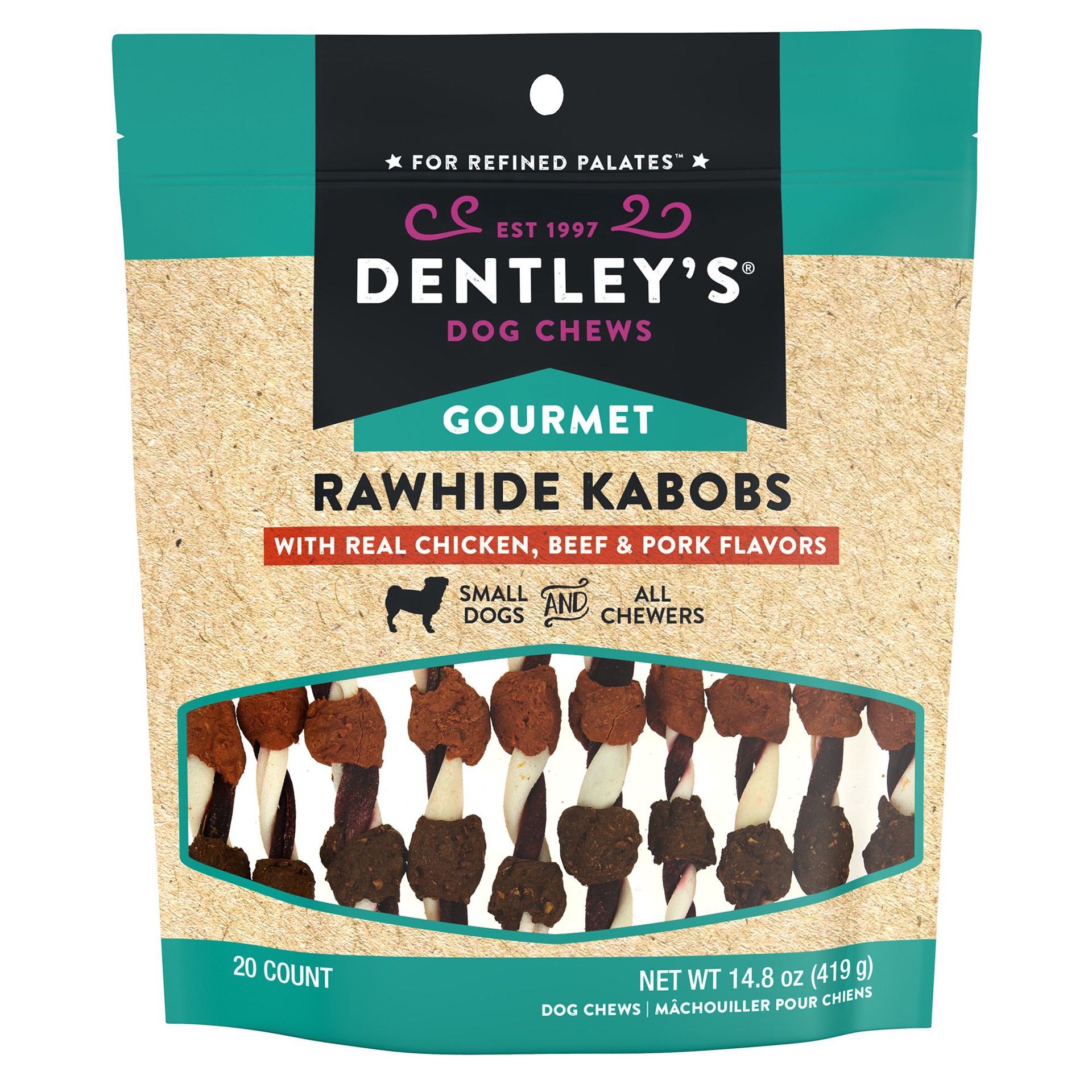 slide 1 of 1, Dentley's Gourmet Rawhide Kabobs Dog Chew - Chicken, Beef & Pork, 20 ct