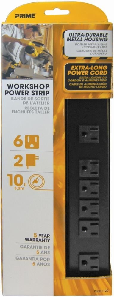 slide 1 of 1, Prime Wire & Cable 6-Outlet Metal Power Strip - 10 Foot - Black, 10 ft