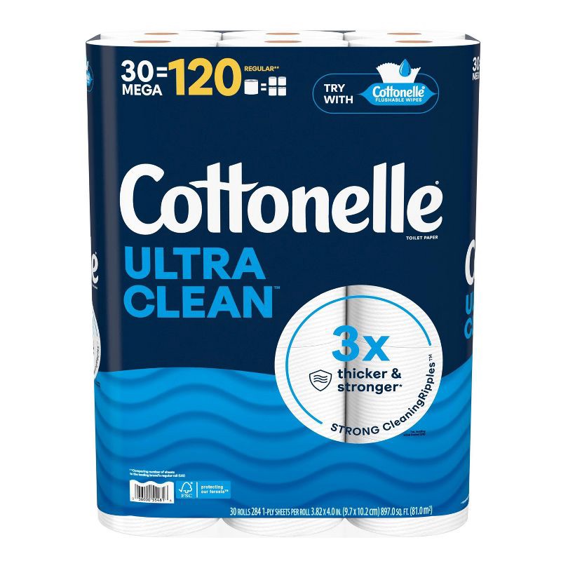slide 2 of 8, Cottonelle Ultra Clean Strong Toilet Paper - 30 Mega Rolls, 1 ct