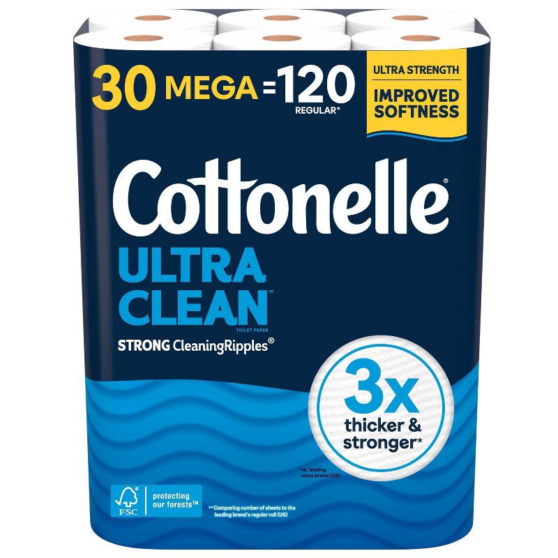 slide 1 of 8, Cottonelle Ultra Clean Strong Toilet Paper - 30 Mega Rolls: No Fragrance Added, 1 ct