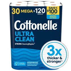 Cottonelle Ultra Clean Strong Toilet Paper - 30 Mega Rolls: No Fragrance Added