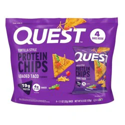 Quest Nutrition Tortilla Style Protein Chips - Loaded Taco - 4pk/1.1oz: 19g Protein Per Serving, Ready to Eat Snacks
