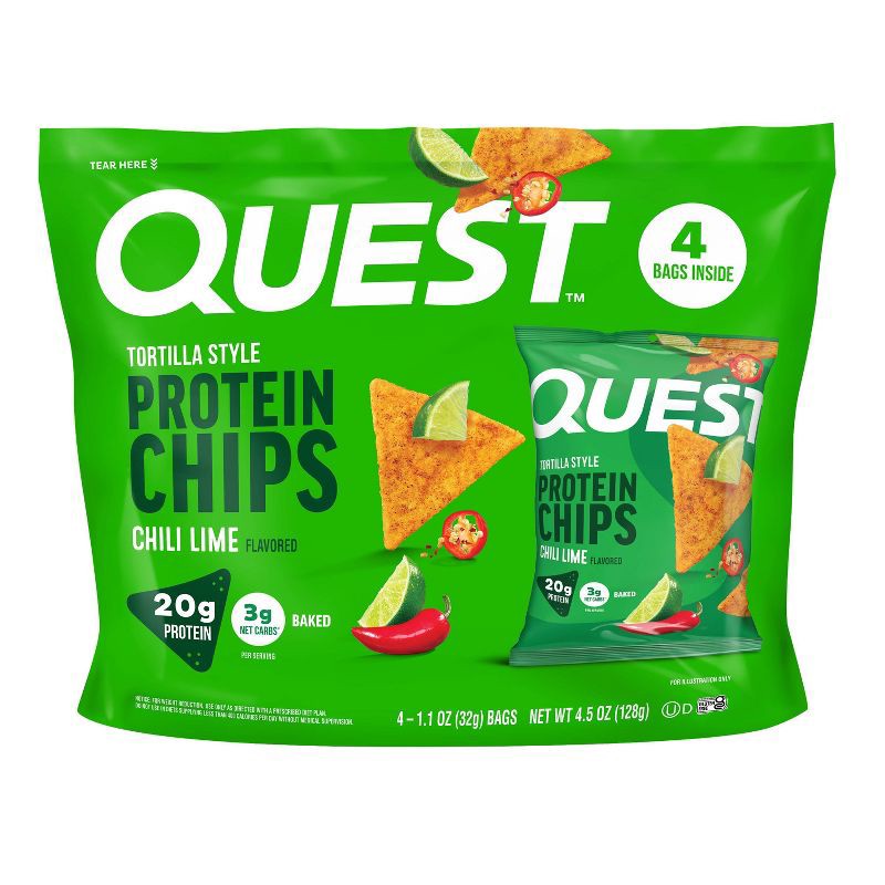 slide 1 of 8, Quest Nutrition Tortilla Style Protein Chips - Chili Lime - 4pk/1.1oz, 4 ct, 1.1 oz