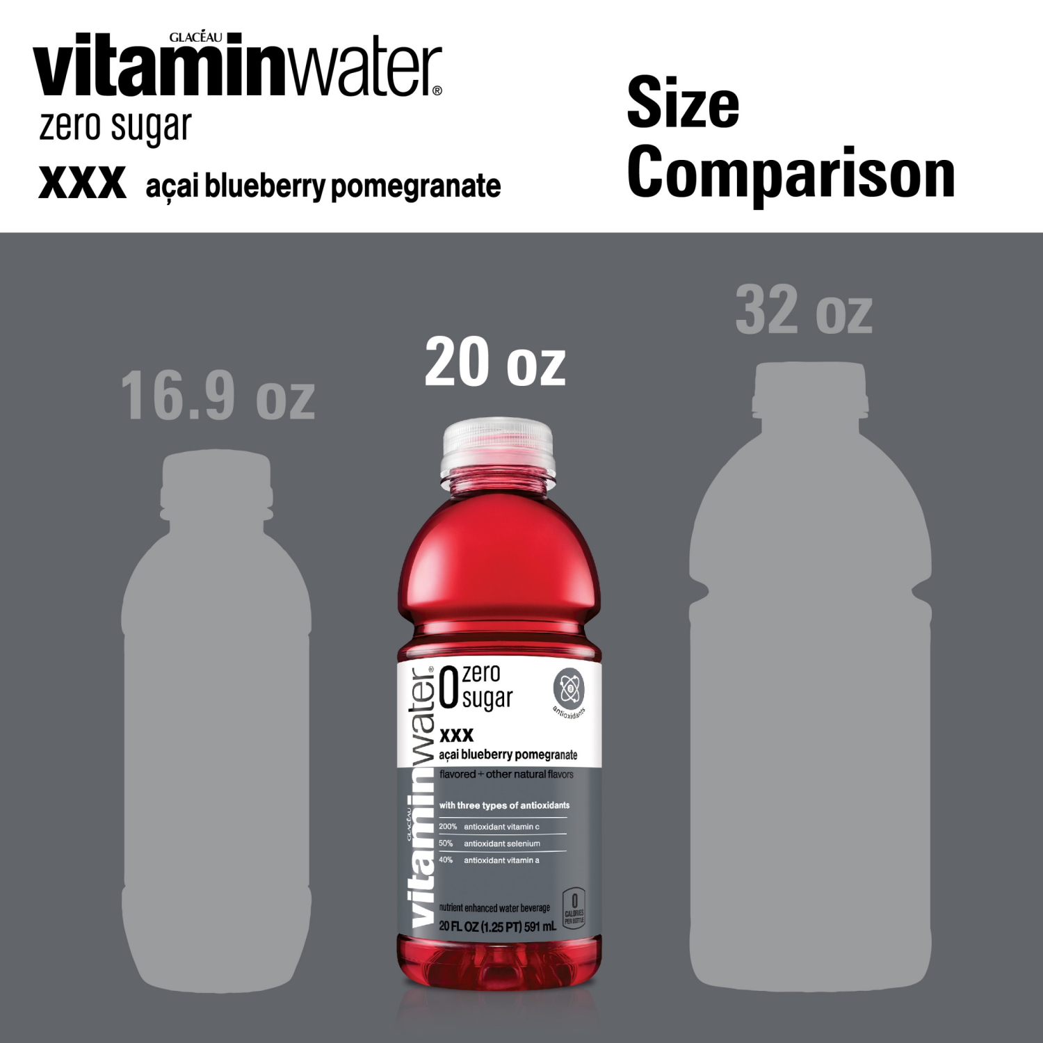slide 3 of 8, Vitaminwater Zero Sugar Xxx, Electrolyte Enhanced Water W/ Vitamins, Açai-Blueberry-Pomegranate Drink, 20 Fl Oz, 20 fl oz