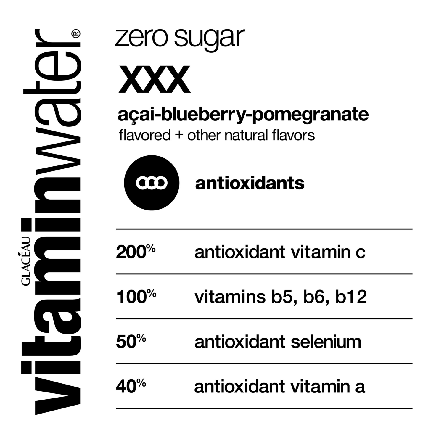slide 4 of 8, Vitaminwater Zero Sugar Xxx, Electrolyte Enhanced Water W/ Vitamins, Açai-Blueberry-Pomegranate Drink, 20 Fl Oz, 20 fl oz