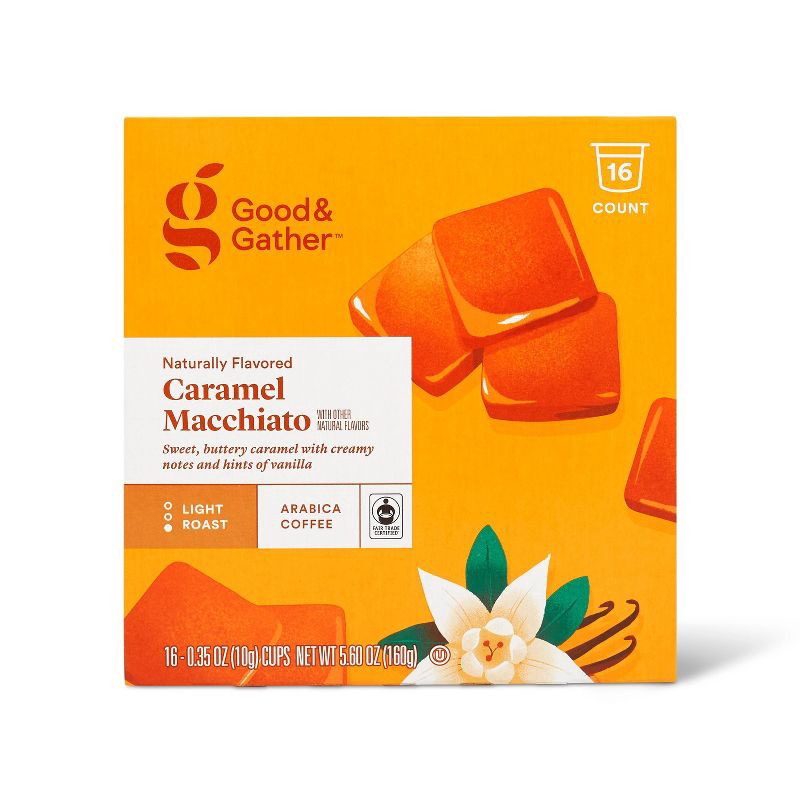 slide 1 of 4, Naturally Flavored Caramel Macchiato Light Roast Coffee - 16ct Single Serve Pods - Good & Gather™, 16 ct