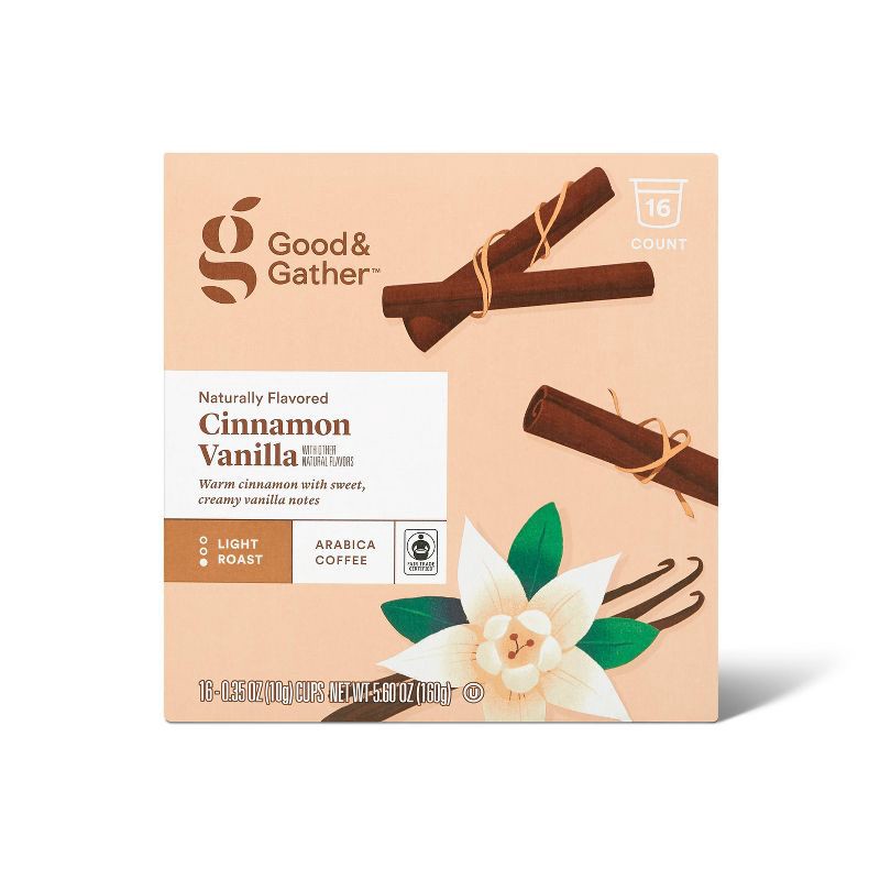 slide 1 of 4, Naturally Flavored Cinnamon Vanilla Light Roast Coffee - 16ct Single Serve Pods - Good & Gather™, 16 ct