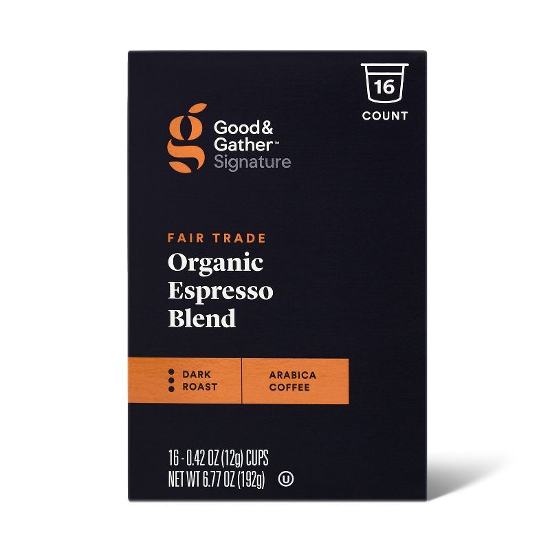 slide 4 of 4, Signature Organic Espresso Blend Dark Roast Coffee - 16ct Single Serve Pods - Good & Gather™, 16 ct