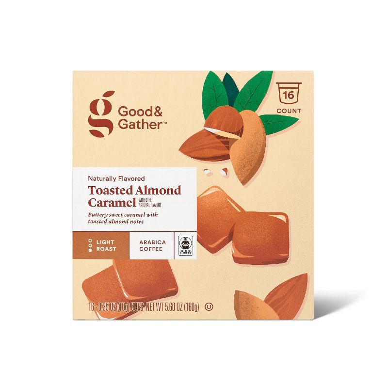 slide 1 of 4, Naturally Flavored Toasted Almond Caramel Light Roast Coffee - 16ct Single Serve Pods - Good & Gather™, 16 ct