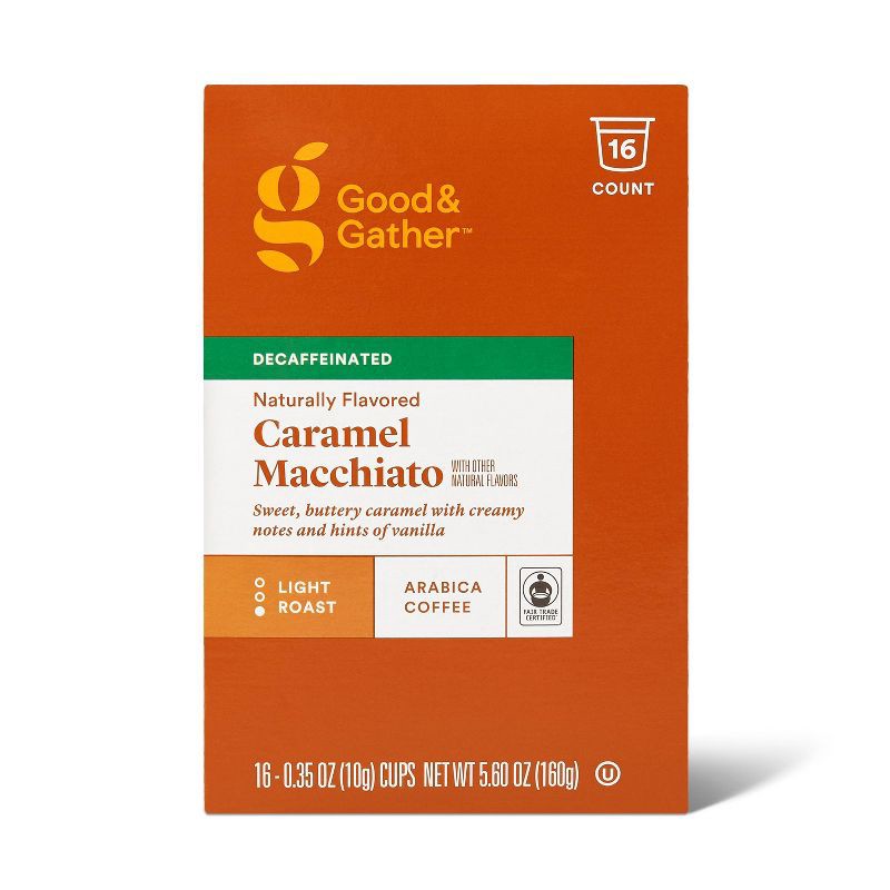 slide 4 of 4, Naturally Flavored Caramel Macchiato Decaf Light Roast Coffee - 16ct Pods - Good & Gather™, 16 ct