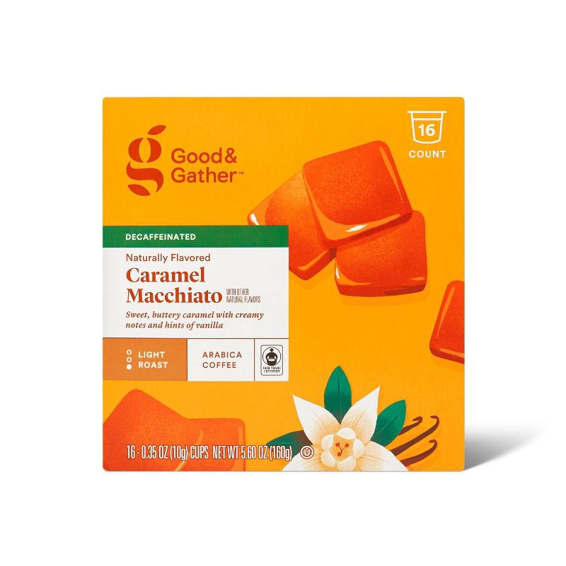 slide 1 of 4, Naturally Flavored Caramel Macchiato Decaf Light Roast Coffee - 16ct Pods - Good & Gather™, 16 ct