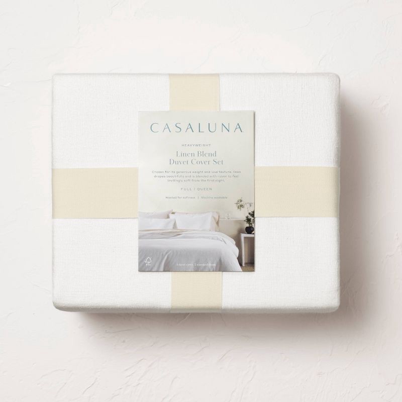 slide 6 of 8, Full/Queen Heavyweight Linen Blend Duvet Cover & Sham Set White - Casaluna™: Zipper Closure, OEKO-TEX Certified, 1 ct