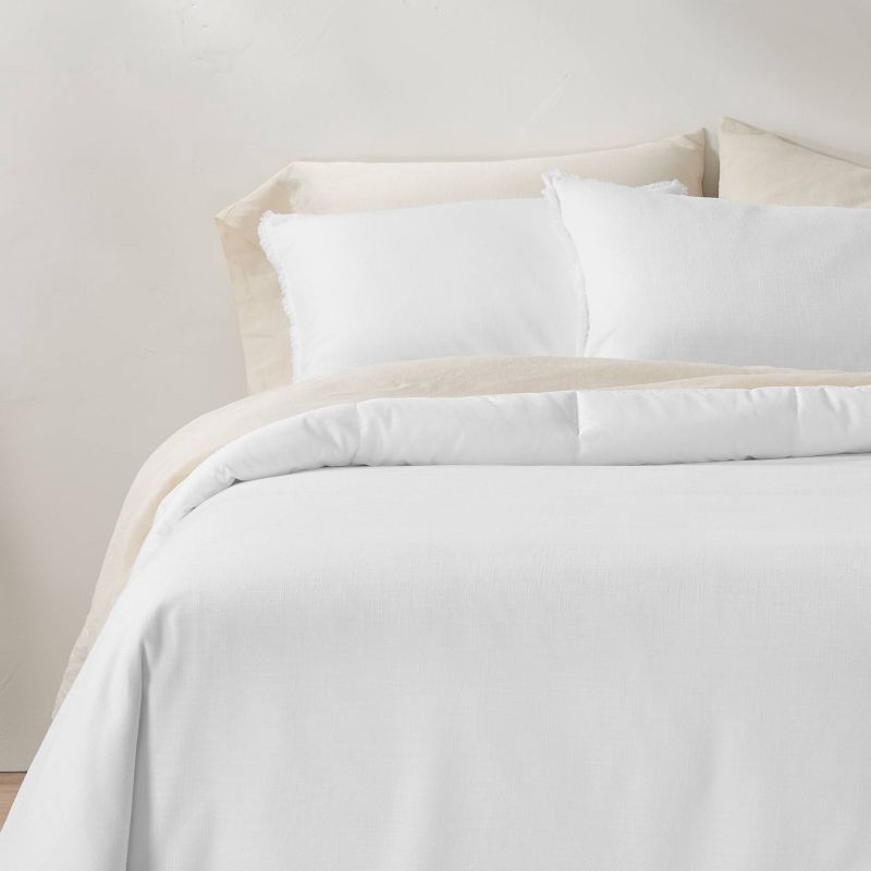 slide 1 of 8, Full/Queen Heavyweight Linen Blend Comforter & Sham Set White - Casaluna™: Rayon & Cotton, Hidden Quilting, Zip Closure, 1 ct