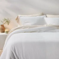 Full/Queen Heavyweight Linen Blend Comforter & Sham Set White - Casaluna™: Rayon & Cotton, Hidden Quilting, Zip Closure