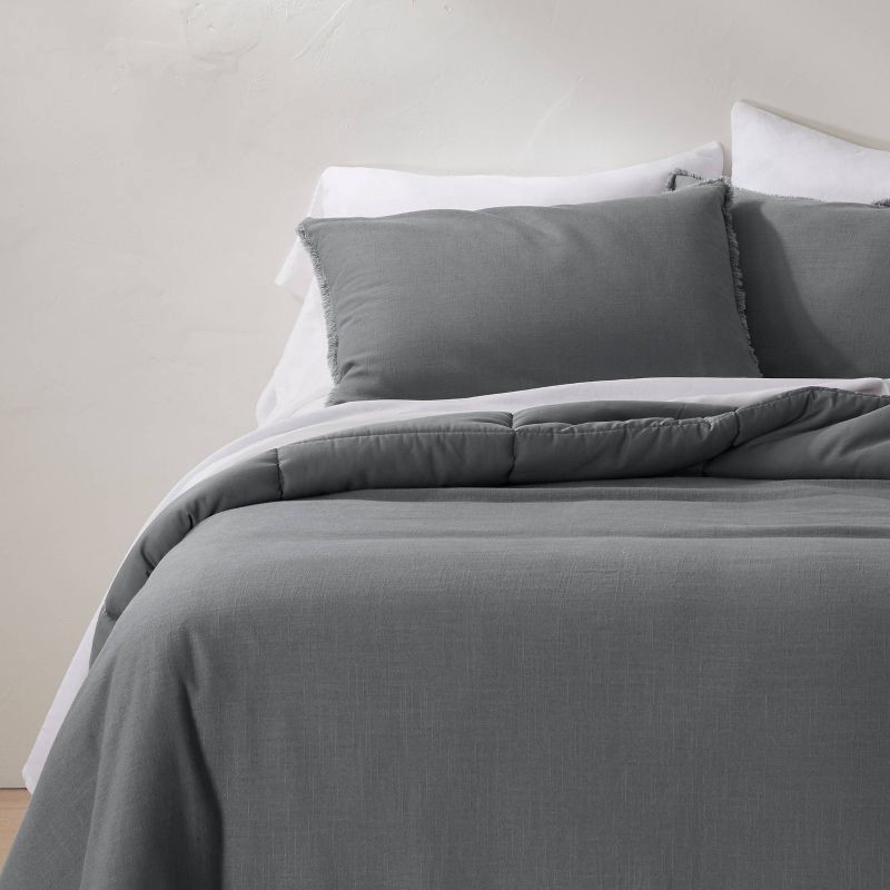 slide 1 of 8, Full/Queen Heavyweight Linen Blend Comforter & Sham Set Dark Gray - Casaluna™: Rayon, Cotton, Hidden Quilting, 1 ct